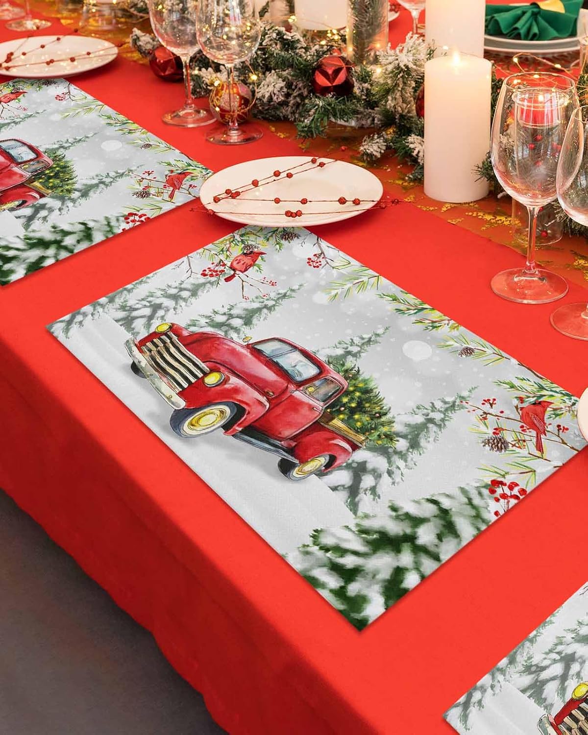 Christmas Truck Placemat Set of 6, Vintage Red Truck Cardinalis Snow Forest Landscape Frosty Tree Table Place Mats Non-Slip Heat-Insulated Washable Cotton Linen Placemats for Christmas Holiday Party