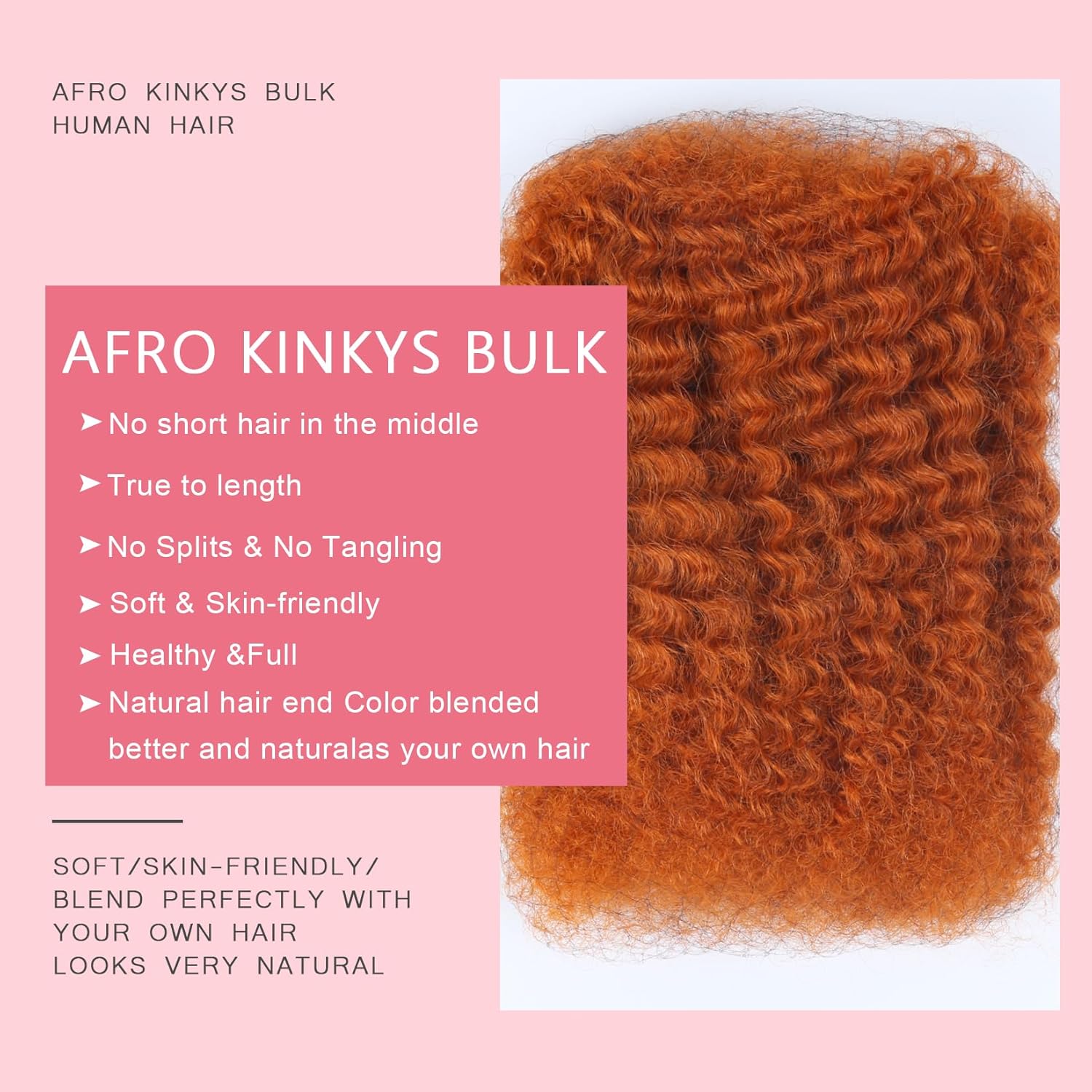 Afro Kinkys Bulk Human Hair for Dreadlocks Kinky Curly for Loc Extensions 100% Real Human Hair Afro Kinky-Curly Human Braiding Bulk Hair for Twist & Repair Locs 4 Packs 200 Gram 12 Inch Ginger