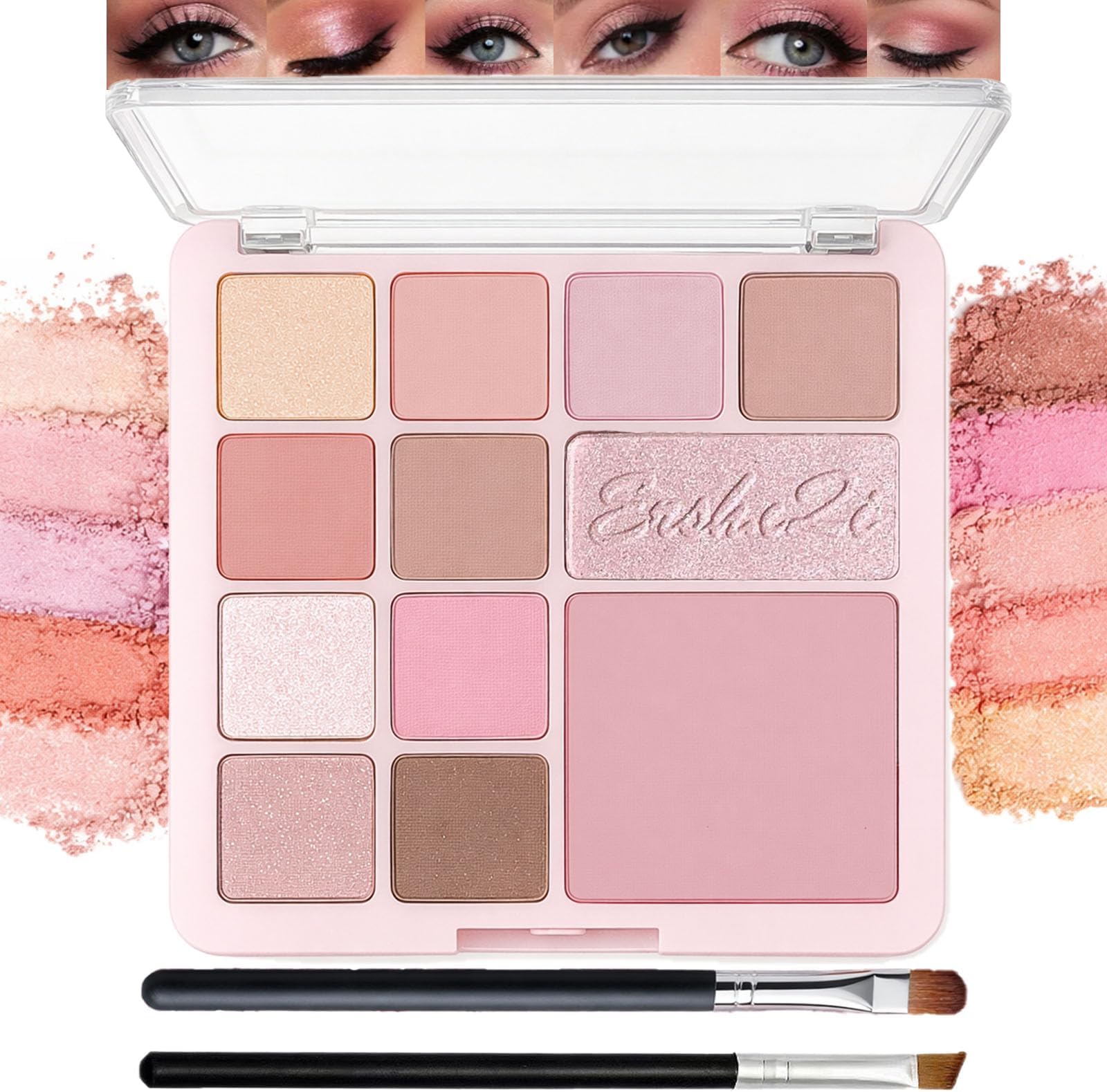 12-Colour Pink Eyeshadow Palette with Brushes - Matte Shimmer & Glitter Finishes for Natural & Glam Looks - Highly Pigmented Long Lasting Eye Makeup Gift Set for Women & Makeup Lovers