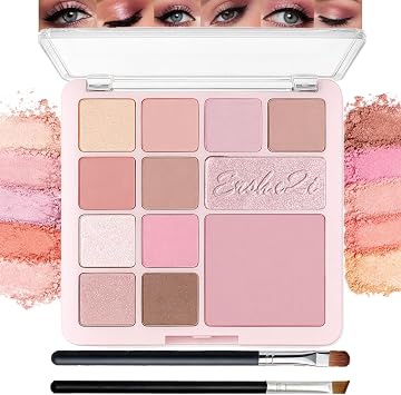 12-Colour Pink Eyeshadow Palette with Brushes - Matte Shimmer & Glitter Finishes for Natural & Glam Looks - Highly Pigmented Long Lasting Eye Makeup Gift Set for Women & Makeup Lovers