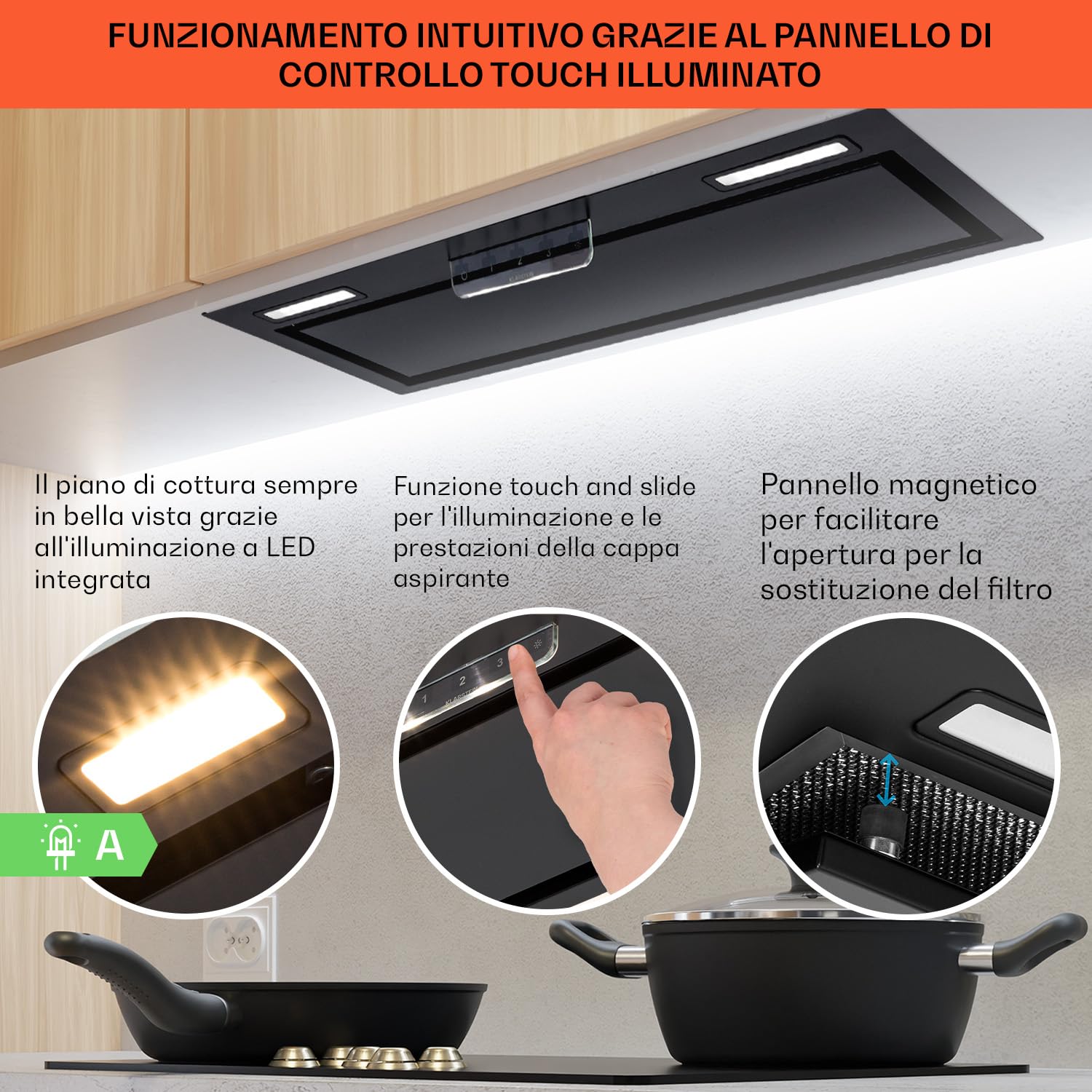 Klarstein Cappa Aspirante 70cm, Cappa Cucina con Filtro Cappa Cucina in Alluminio Lavabile in Lavastoviglie, Cappa Incasso con Flusso d'Aria 508 m³/h, Luci LED, Cappa Sottopensile con Touch Control
