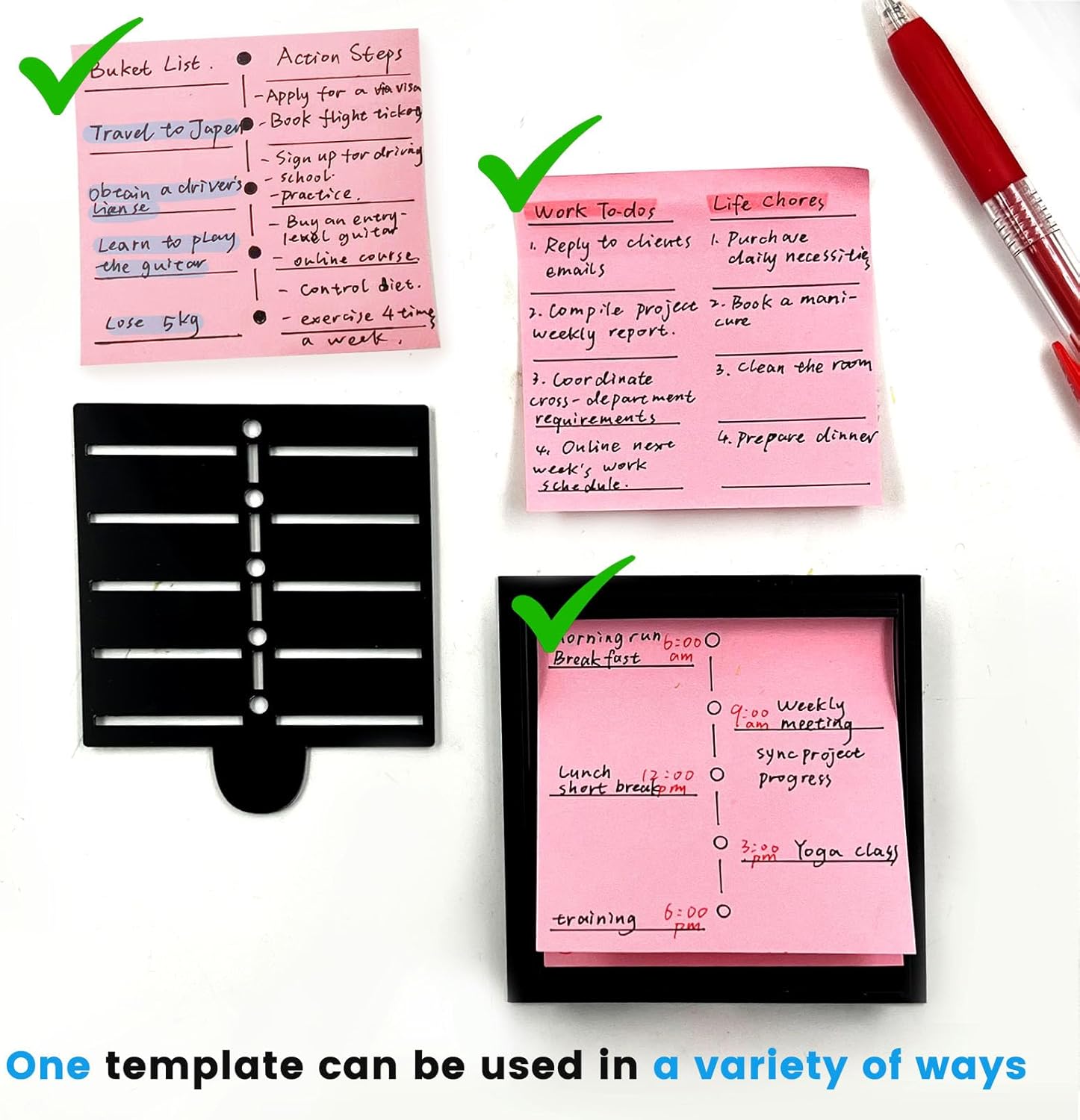 Daily Treasures Sticky Note Holder with 3 Reusable Stencils, Acrylic Post It Note Holder for 3x3 inch Sticky Notes, Multi-Template (Daily/Weekly/Goals/Meal/to Do List) Desk Organizer for Office Home