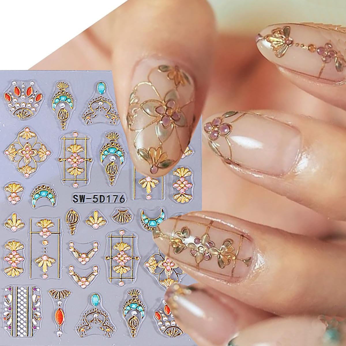 Gold Bohemian Style Nail Decals Embossed Star Nail Art Stickers 5D Self-Adhesive Sun Moon Nail Stickers Bohemia Nail Designs Decals Stars Nail Decoration for Women Girls 2 Sheets