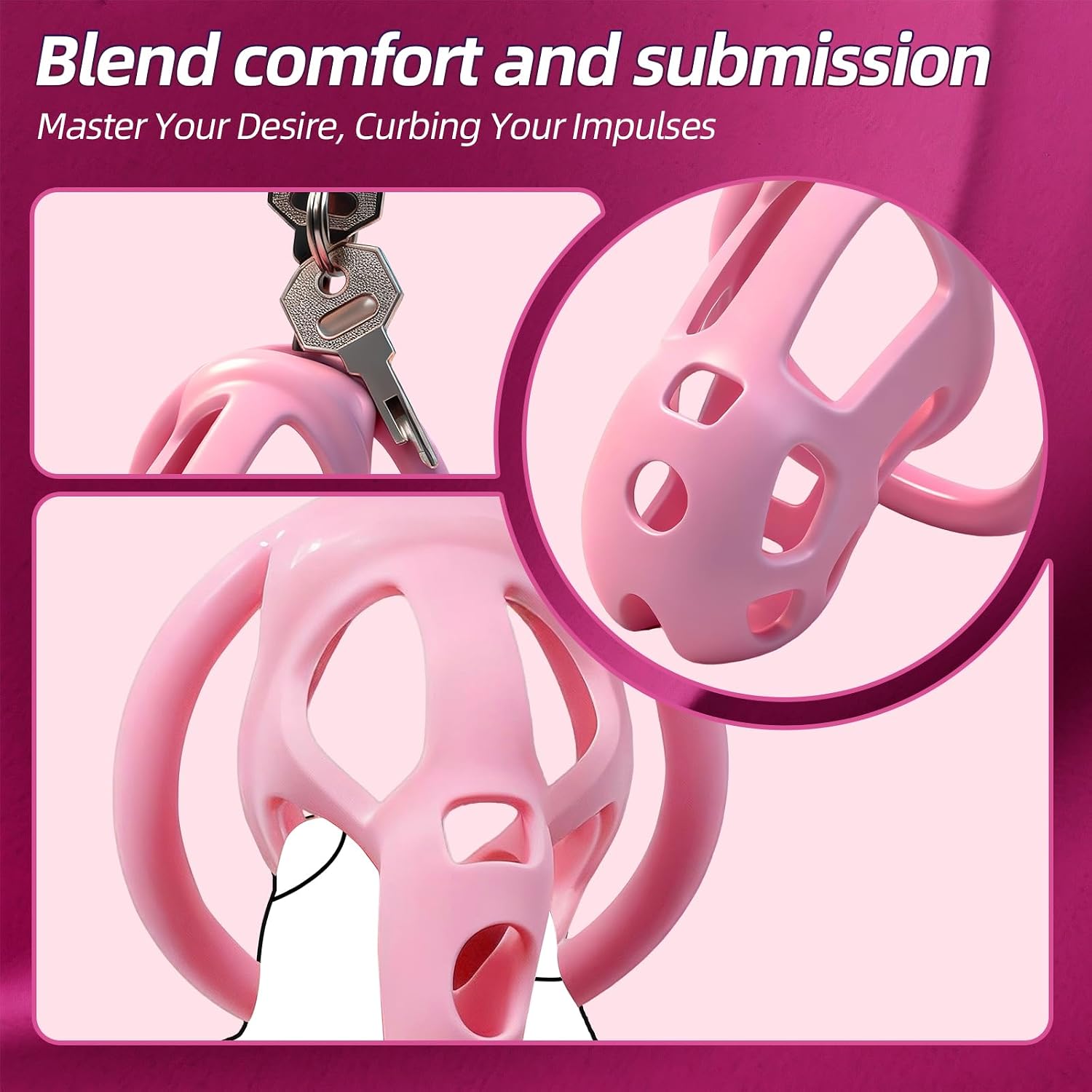 Male Chastity Cage - Lightweight Pink Penis Cage with Soft Silicone Front & 4 Sizes Rings, Comfortable Bondage Chastity Device for Men, Perfect for Long-Term Wear, Erection Control & Bondage Play