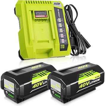 2 Pack Replacement for Ryobi 40V Battery RRY08L and Charger Compatible with Ryobi 40 Volt Battery Lithium OP4040 OP40401 OP4026 OP40261 OP4050 OP40201 Compatible with 40 Volt Cordless Tool Green