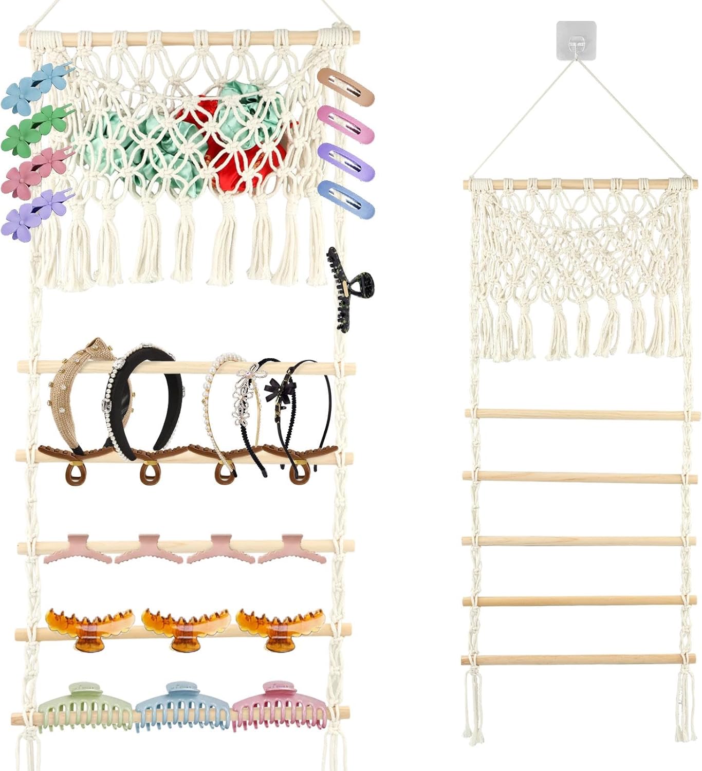 Macrame Hair Claw Clip Organizer, Scrunchies Holder and Hair Ties Organizer with Large Capacity Mesh Bag for Women Girls, Hair Accessorie Hanging Storage for Wall, Door or Closet, Home Decor