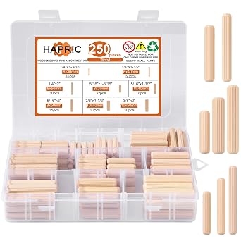 250 Pcs 8 Size Wooden Dowels 1/4 5/16 3/8 Wooden Dowel Pins Hardware Pins Fluted Wood Dowels for Crafts Furniture Woodworking DIY Crafts