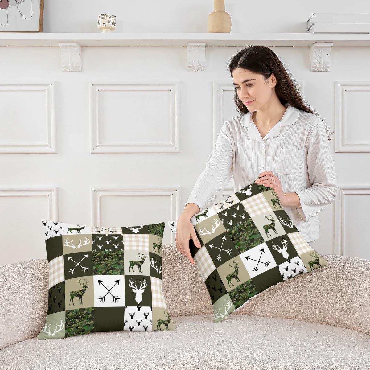 Green Camouflage Pillow Covers Deer Wild Animal Antlers Decor Pillow Cases for Boys Girls Adults Vintage Plaid Western Jungle Rustic Style Cushion Covers for Sofa Living Room 22x22 Inch Set of 2