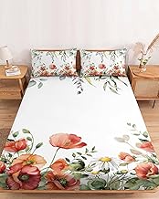 Cal King Fitted Sheet, Farm Poppy Watercolor Foliage Soft Brushed Microfiber Deep Pocket Bed Sheets Set, Daisy Eucalyptus Leaves Breathable Bottom Sheets with Pillowcase,Fits Mattress Up to 16"