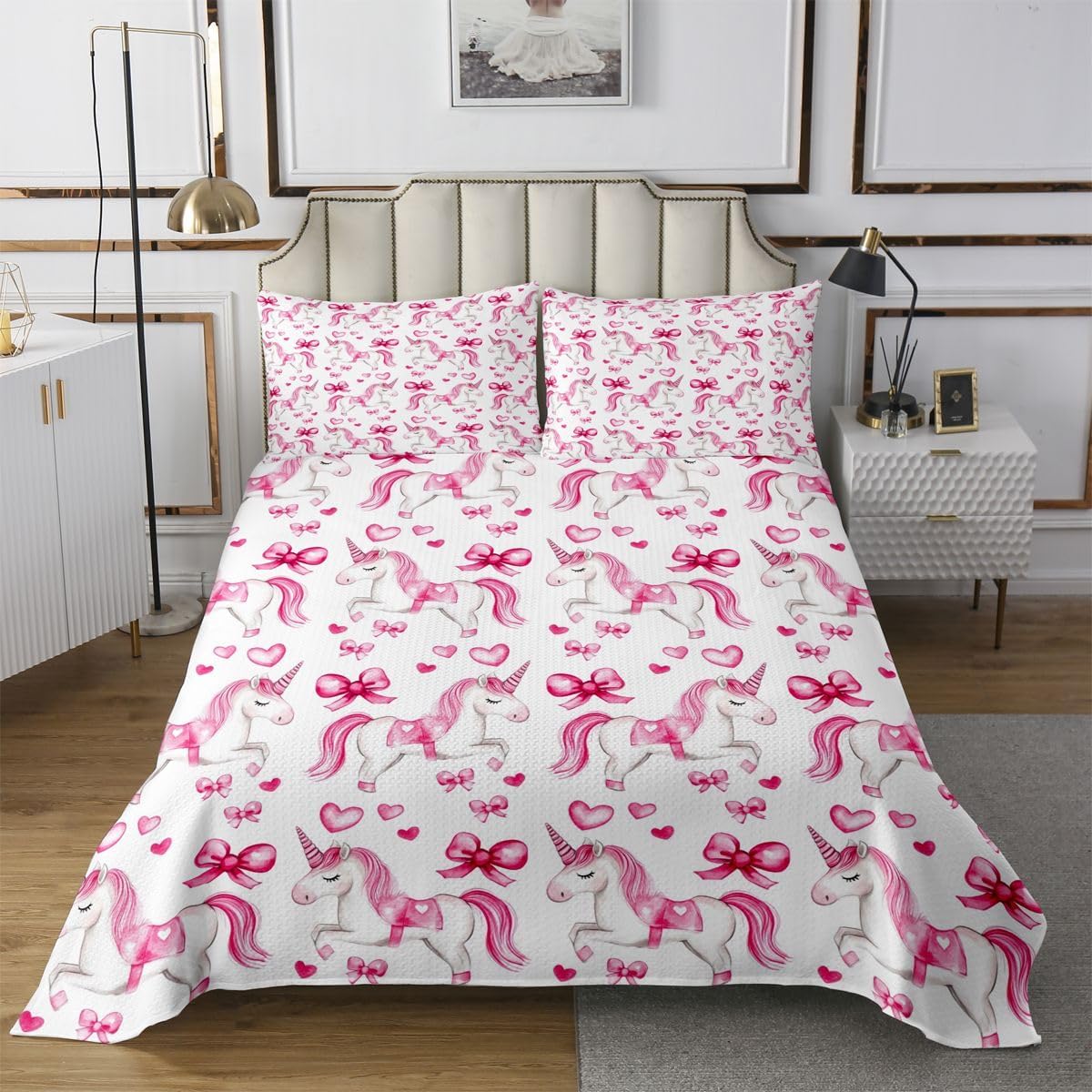 Homewish Pink Unicorn Quilt Sets Twin Size,Girl Bowknot Bedspread Coverlet 2Pcs for Kids Girls Boys Room Decor,Bow Love Heart Print Quilts Set Sweet Kawaii Bedding Comforter,1 Pillowcase