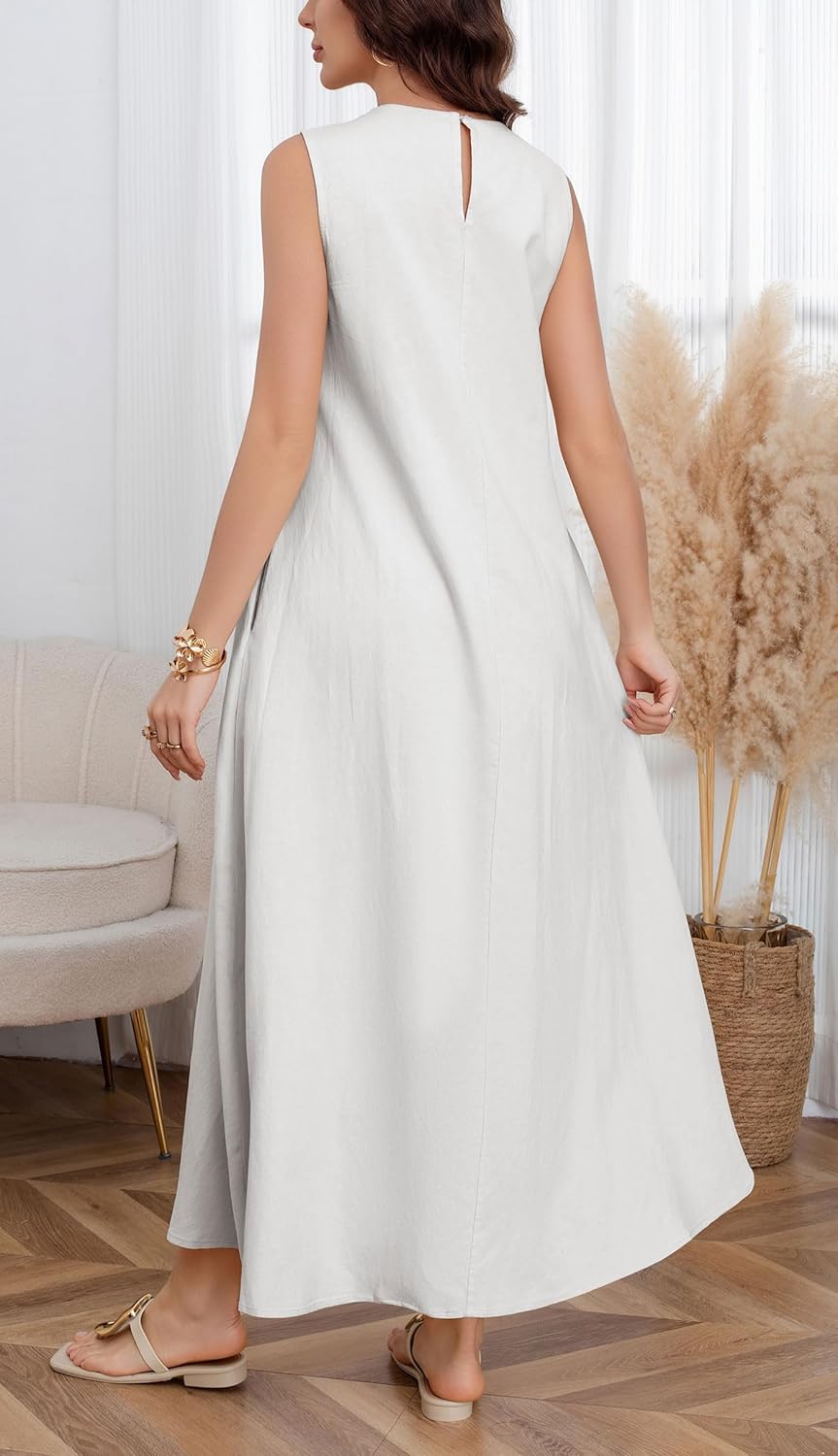 CHARTOU Women Casual Cotton Linen Sleeveless Maxi Dress Ruffle Shift Dress Flowy Beach Summer Long Tank Dress - Image 4