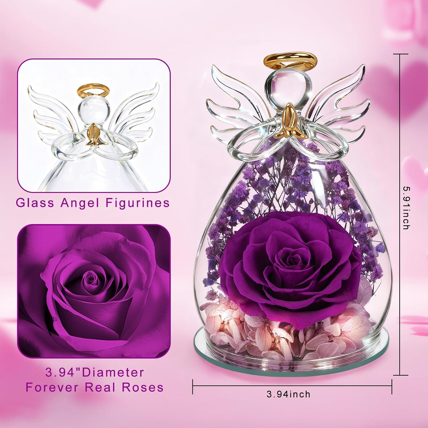 Valentines Day Rose Gifts for Her Birthday Gift for Women Mom, Flowers for Delivery Preserved Flowers Forever Eternal Rose in Glass Angel Figurine Valentine Gifts for Daughter Wife Girlfriend Purple - Image 2