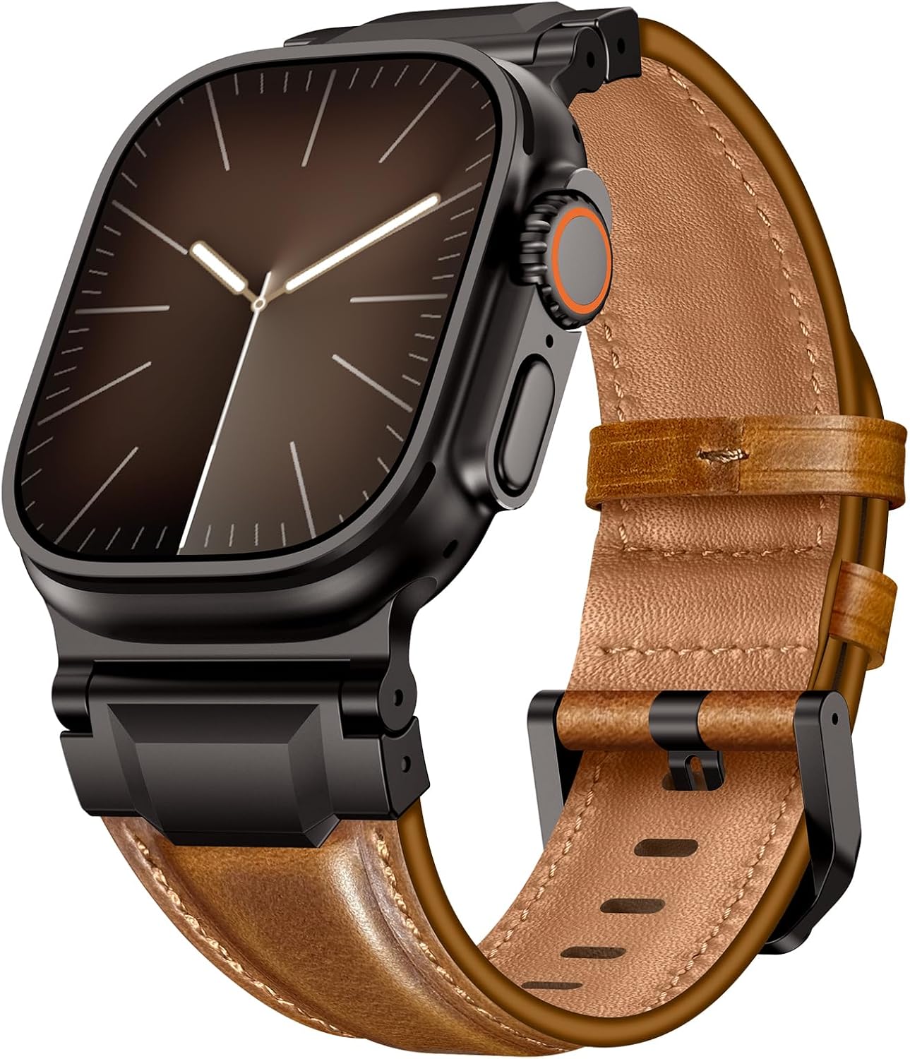 Leather Bands Compatible with Apple Watch Ultra 3/2/1 Band 49mm 46mm 45mm 44mm 42mm Men, Genuine Leather Metal Connector Strap for iWatch Ultra Series 11/10/9/8/7/SE/6/5/4/3/2/1, Brown/Black