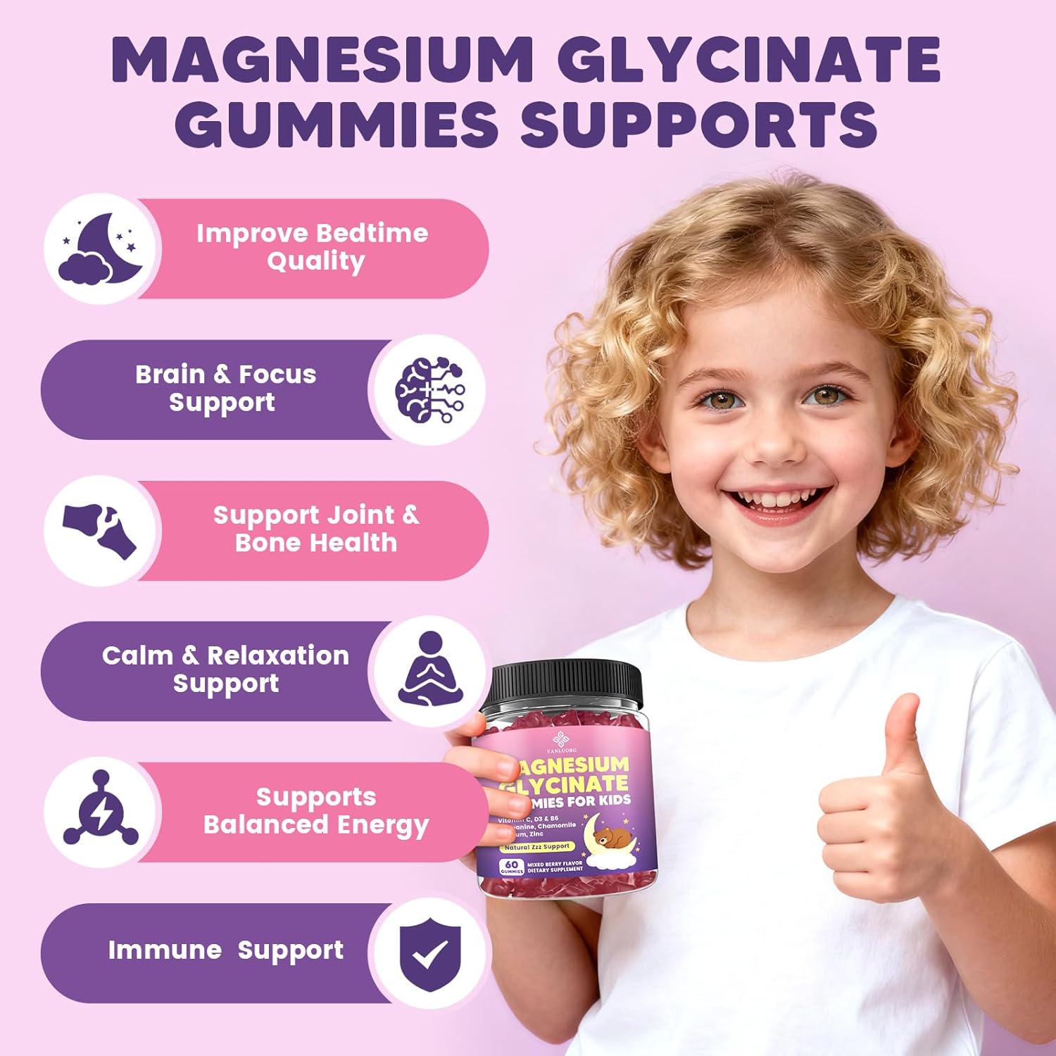 Kids Magnesium Gummies, Magnesium Glycinate Gummies 400mg/200mg with L-Theanine, Chamomile, Vitamin B6, D3 for Kids, Relaxation & Zzz Support, Nerve Bone - Sugar Free Mixed Berry Flavor 60ct - Image 4