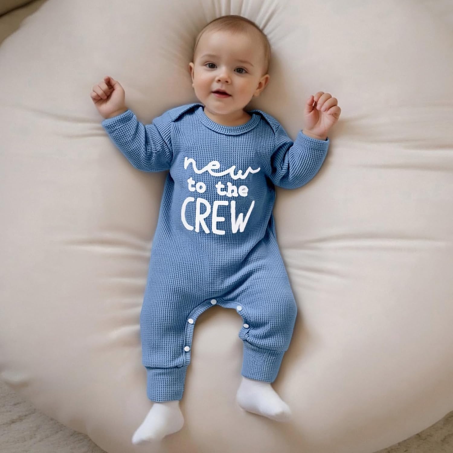Honganda Baby Coming Home Outfit Funny Newborn Infant Girl Boy New to the Crew Jumpsuit with Hat Headband Waffle Knit Clothes