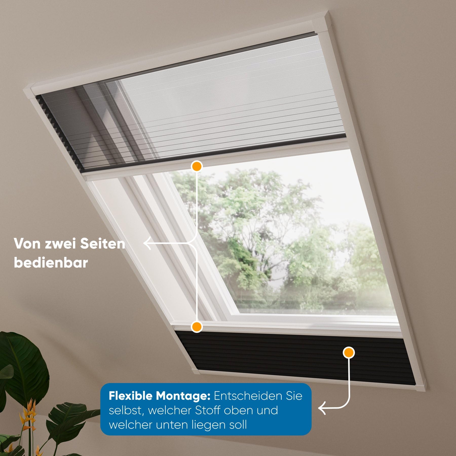 DTCH® Dachfenster Plissee mit Insektenschutz, schwarz, 80 x 120 cm | Verdunkelung und Fliegengitter in einem, Wabenfalte silberbeschichtet, Hitzeschutz, Aluminium-Rahmen, kürzbar