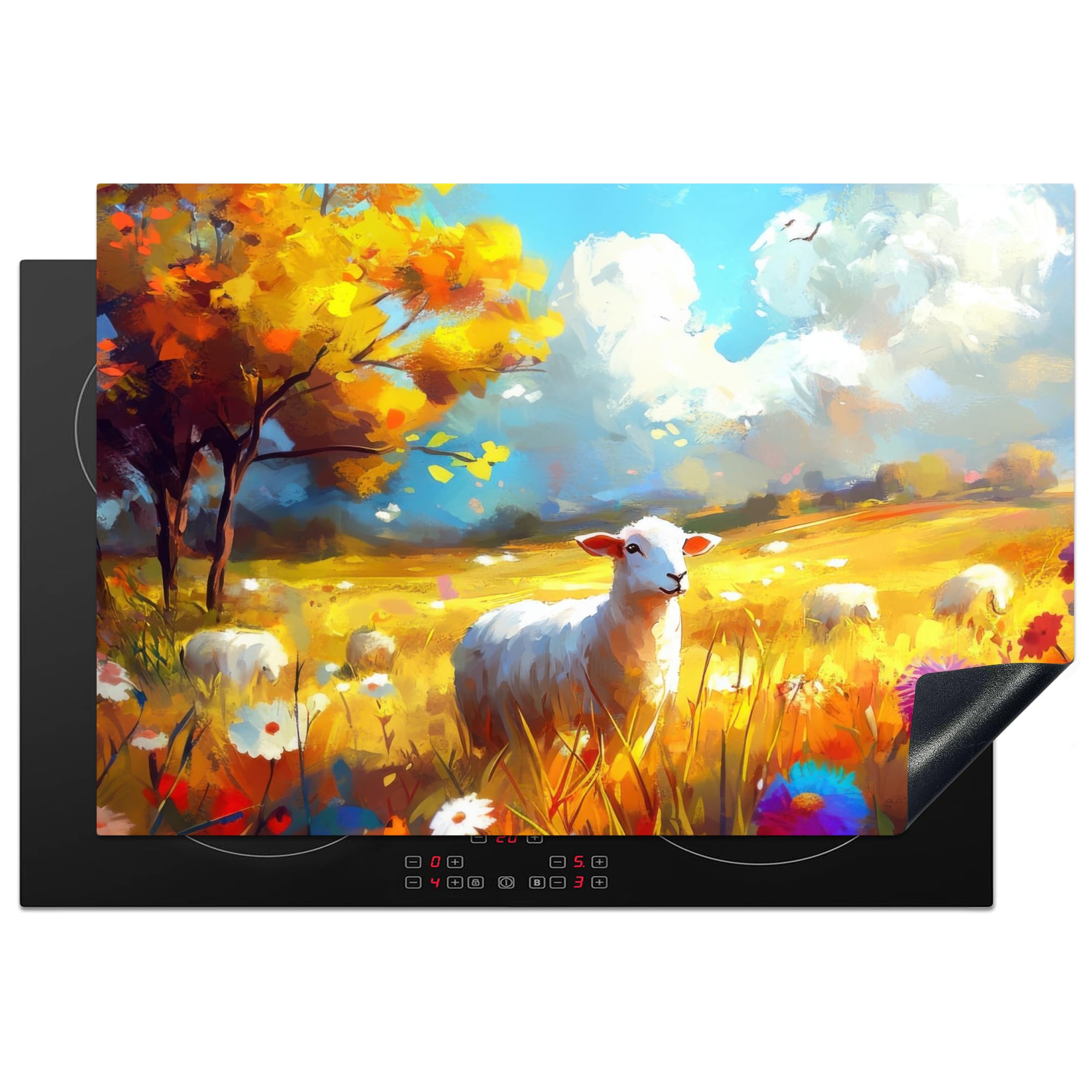 KitchenYeah© Induction Hob Protector Mat 20.5"x30.7" / 78x52 cm Cooker Top Protectors Cover Ceramic Covers Electric Hobs Vinyl Sheep - Meadow - Flowers — image 1