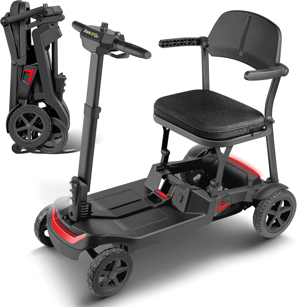 SCOOTNGO Mobility Scooters for Seniors, 4 Wheel Foldable Lightweight Airline Approved Mobility Scooter for Adults with Dual Removable Batteries, Portable for Travel, No Assembly Needed, Long Range