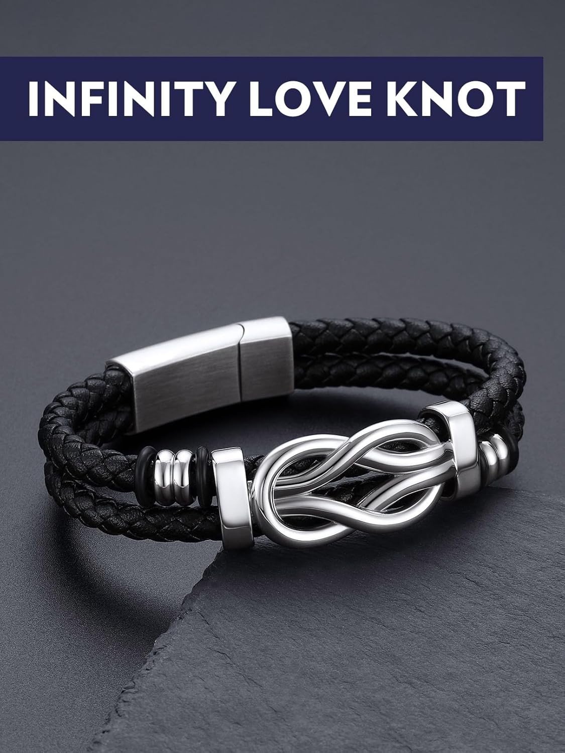 Bandmax Infinity Love Knot Bracelet for Men Black Leather Love Link Cuff Bracelet Mens Gifts for Father's Day Birthday Anniversary Christmas - Image 3
