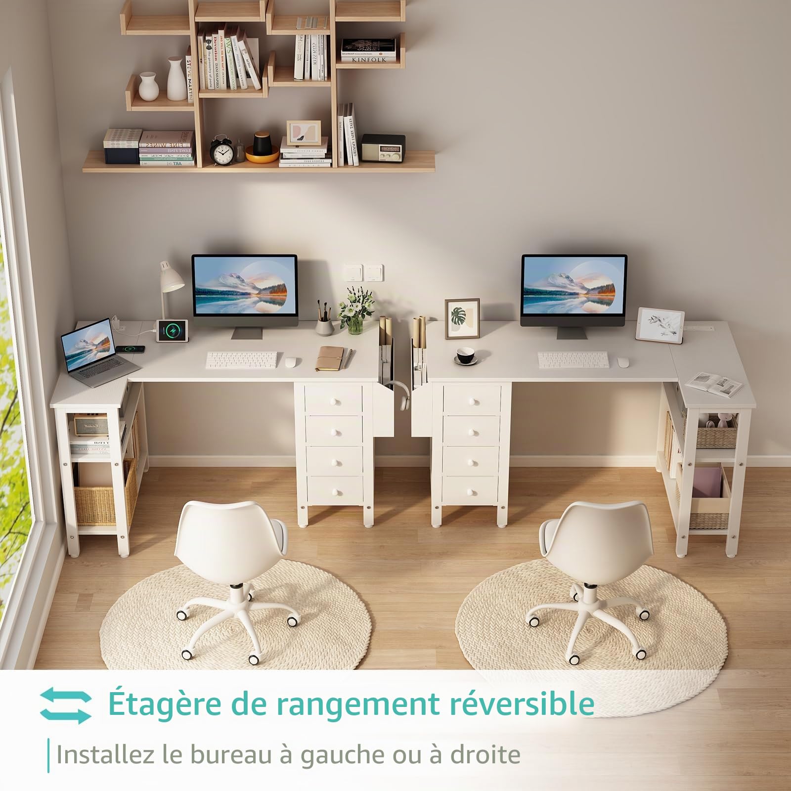 Lufeiya Bureau Angle avec 4 Tiroirs Petit Bureau Blanc avec Rangement, PC Bureau en L pour Petit Espace Fille,Ado 120X50CM (Prises Européennes)