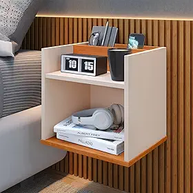 Mesa de Cabeceira Suspensa com Porta Objetos Celular e Nicho (Off White/Cinamomo)