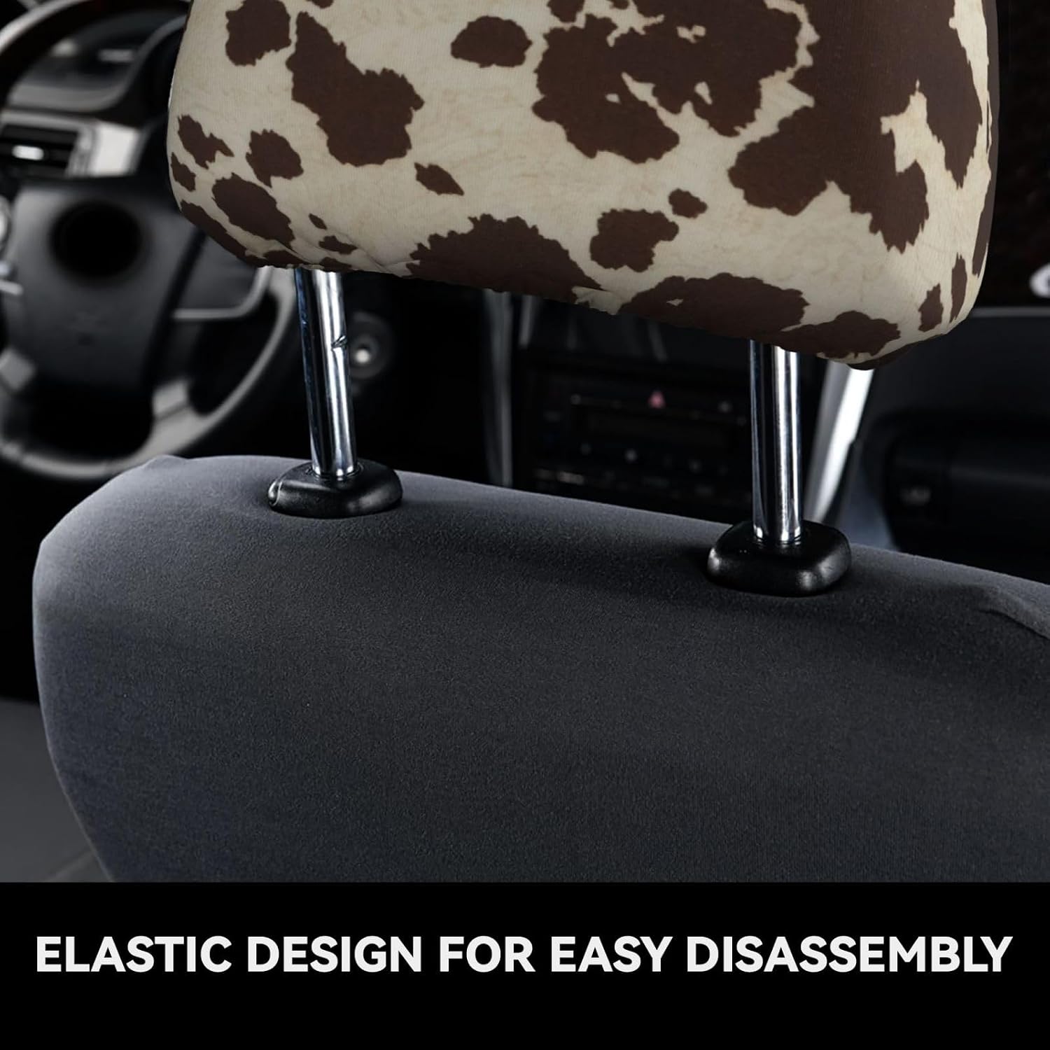 2 Pack Brown Cowhide Print Universal Car Headrest Cover Elastic, Cute Stylish Car Seat Head Rest Cover Protector, Interior Front & Rear Seat Headrest Pads Decor for Womens Car SUV Auto