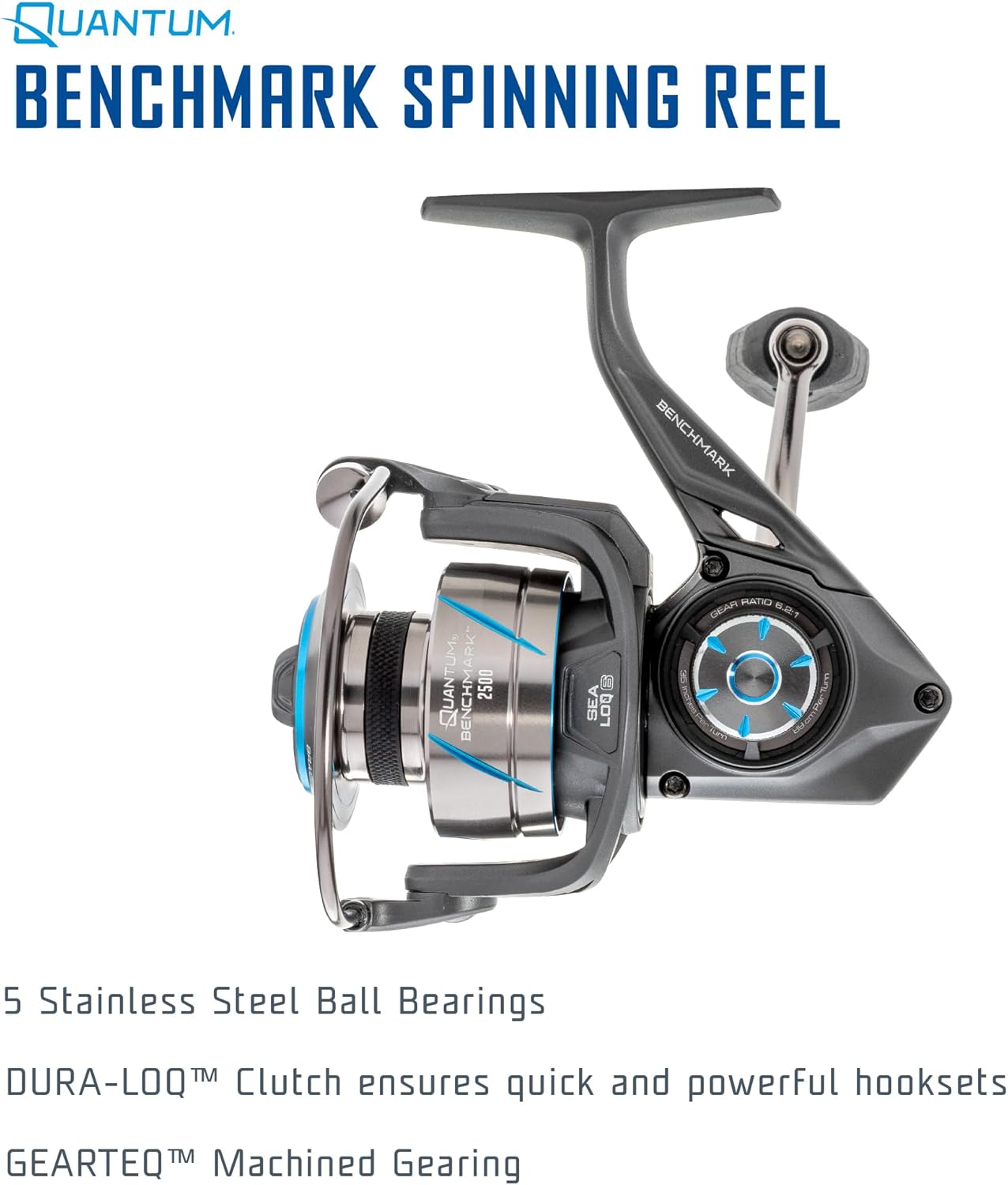Quantum Benchmark Spinning Fishing Reel, 5+1 Bearings, Aluminum Frame, SEALOQ 6 Protection, GEARTEQ Machined Gears, CFX200 Carbon Fiber Drag, Silver/Blue