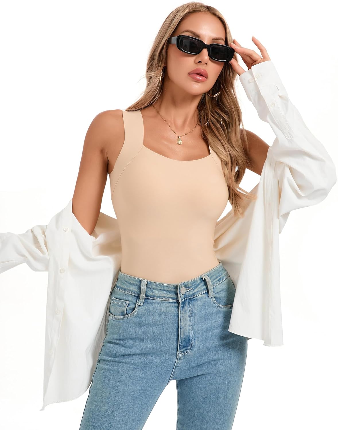 Womens U Neck Shapewear Built-in Bra Tank Top High Strechy Slim Fit Compression Camisole Workout Tops - Image 2