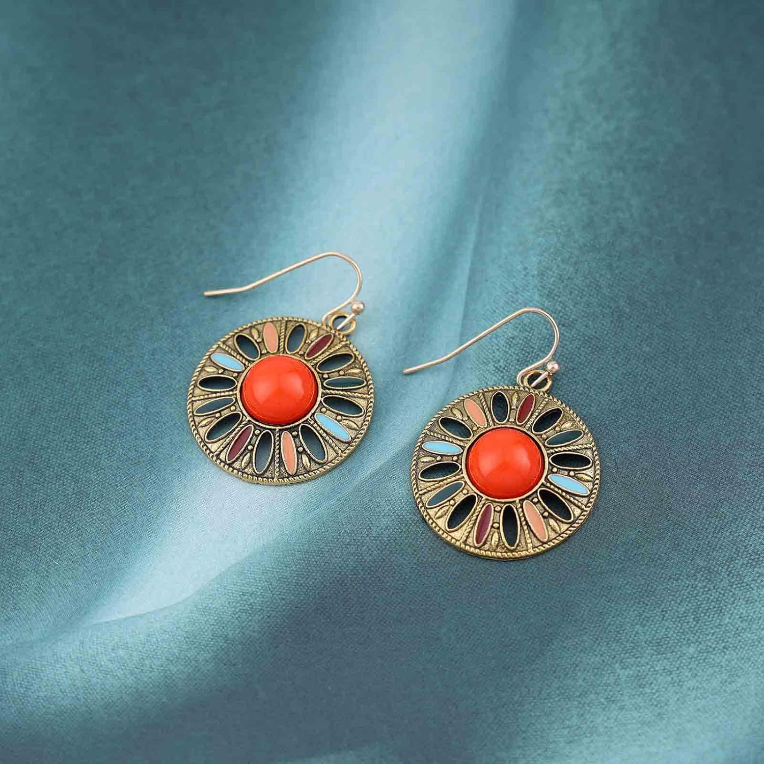 Boho Colorful Enamel Dangle Earrings Colorful Tribal Ethnic Earrings Round Enamel Disc Earrings Mosaic Earrings Vintage Gold Gypsy Drop Earrings Jewelry for Women - Image 3