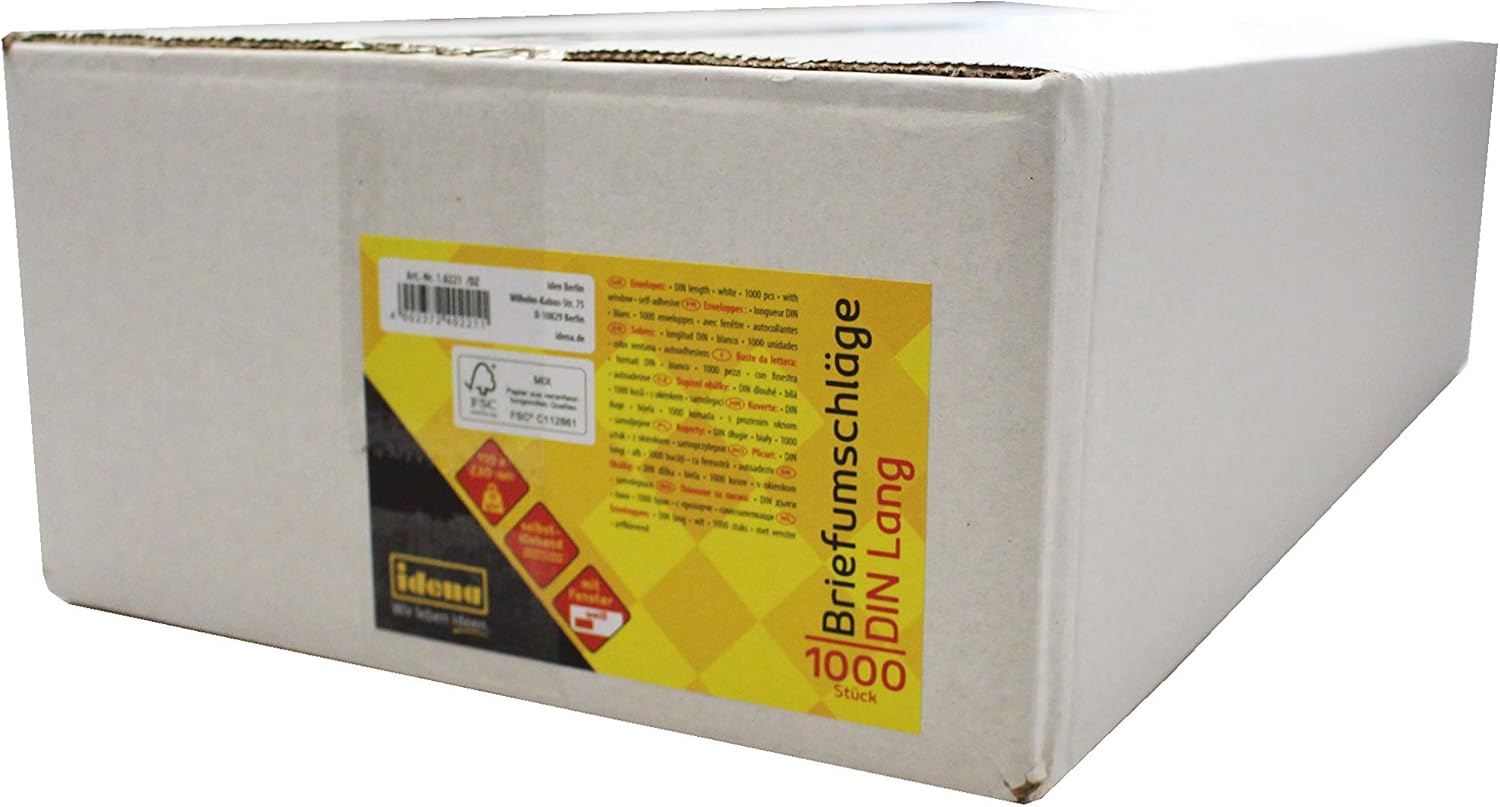 IDENA 10221 DIN Long Envelopes FSC Mix, 75 g/m² Self-Adhesive with Window Pack of 1000