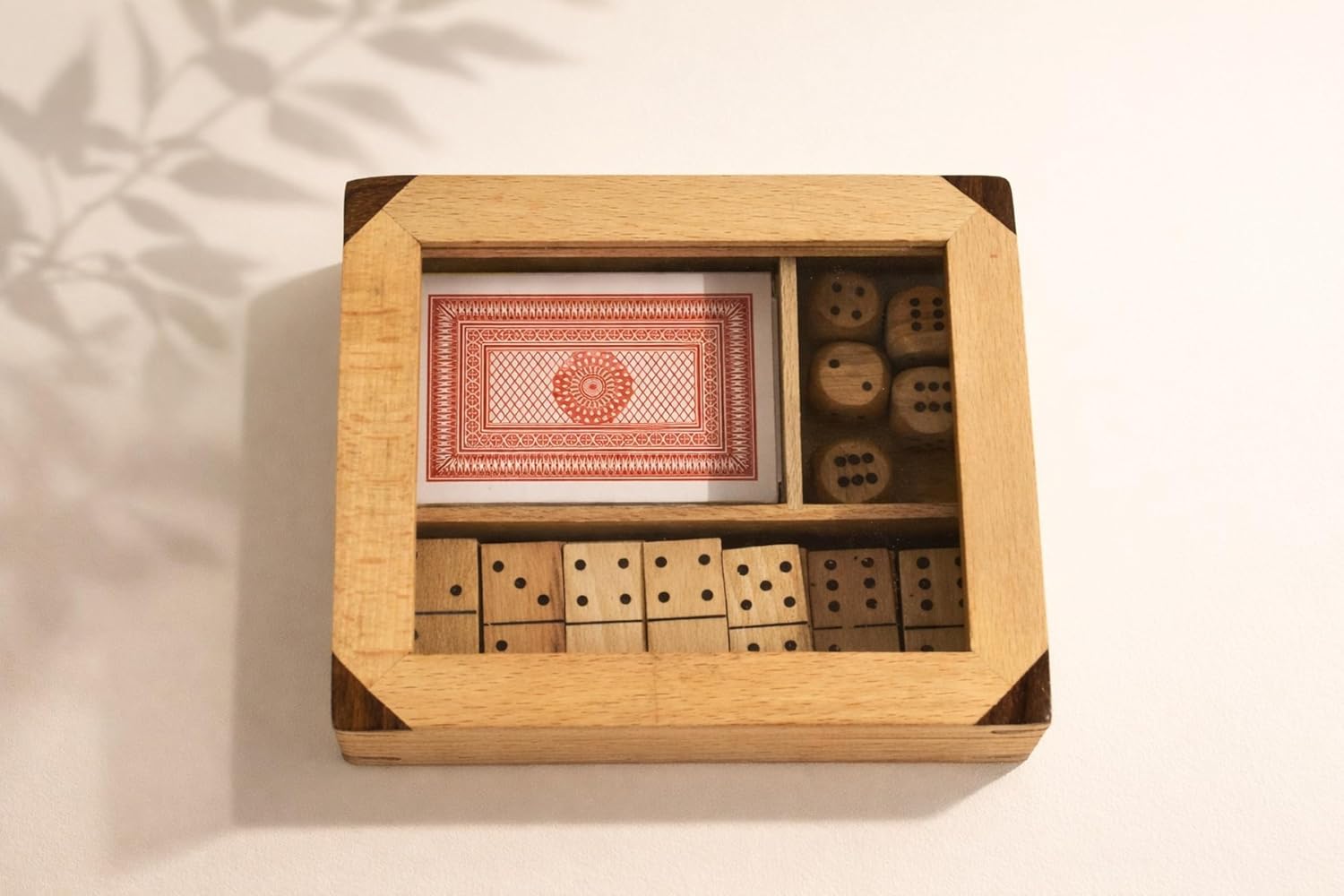 Handicrafts Wooden Single-Deck Holder| 28 Dominoes,Set 1 Playing Card Deck and 5 Wooden Dice | Decorative Storage Organiser, Ideal Anniversary or Housewarming Gift image 3