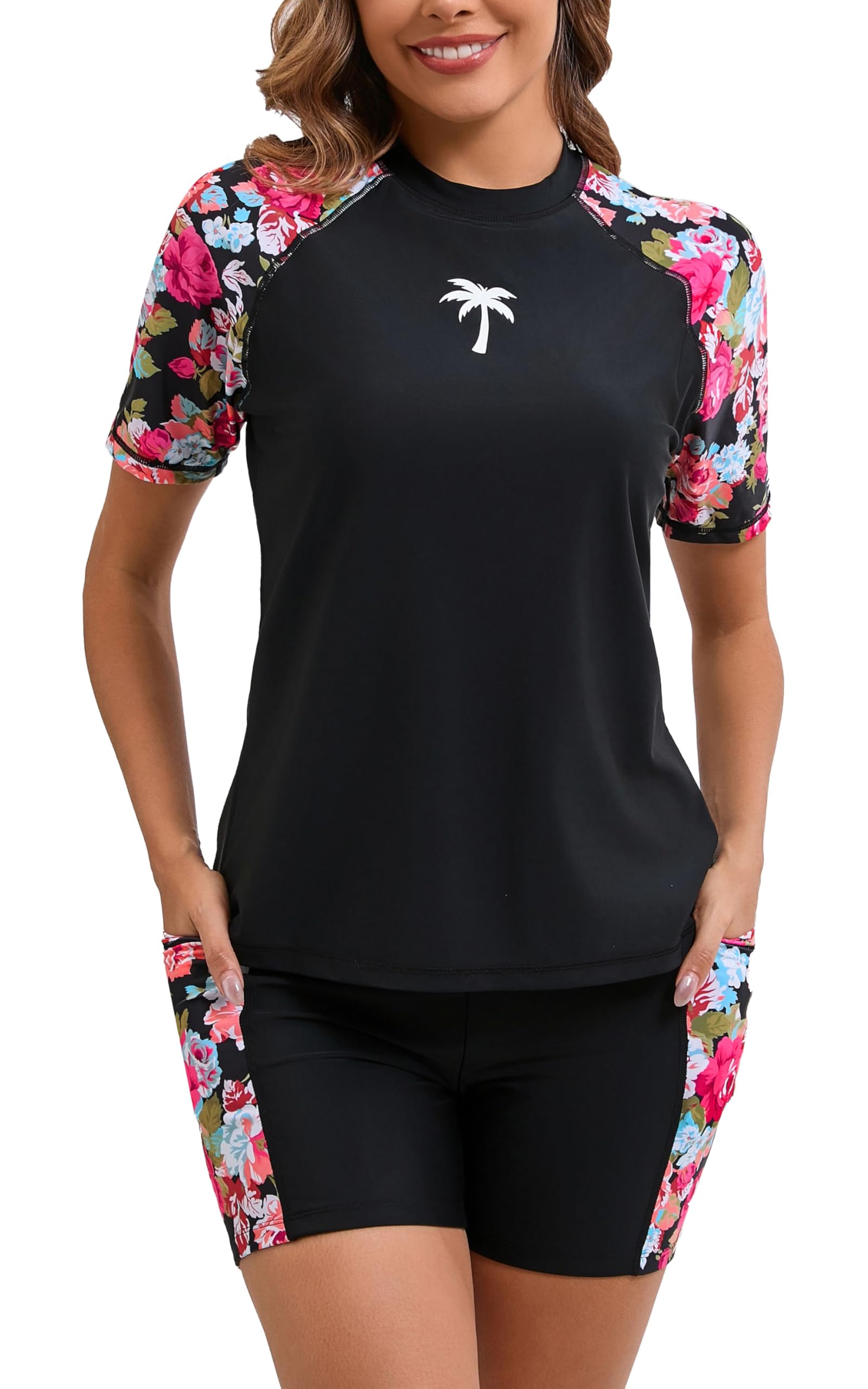 Halcurt Women's Two Piece Rash Guard Swim Shirts Built in Bra Swimsuit