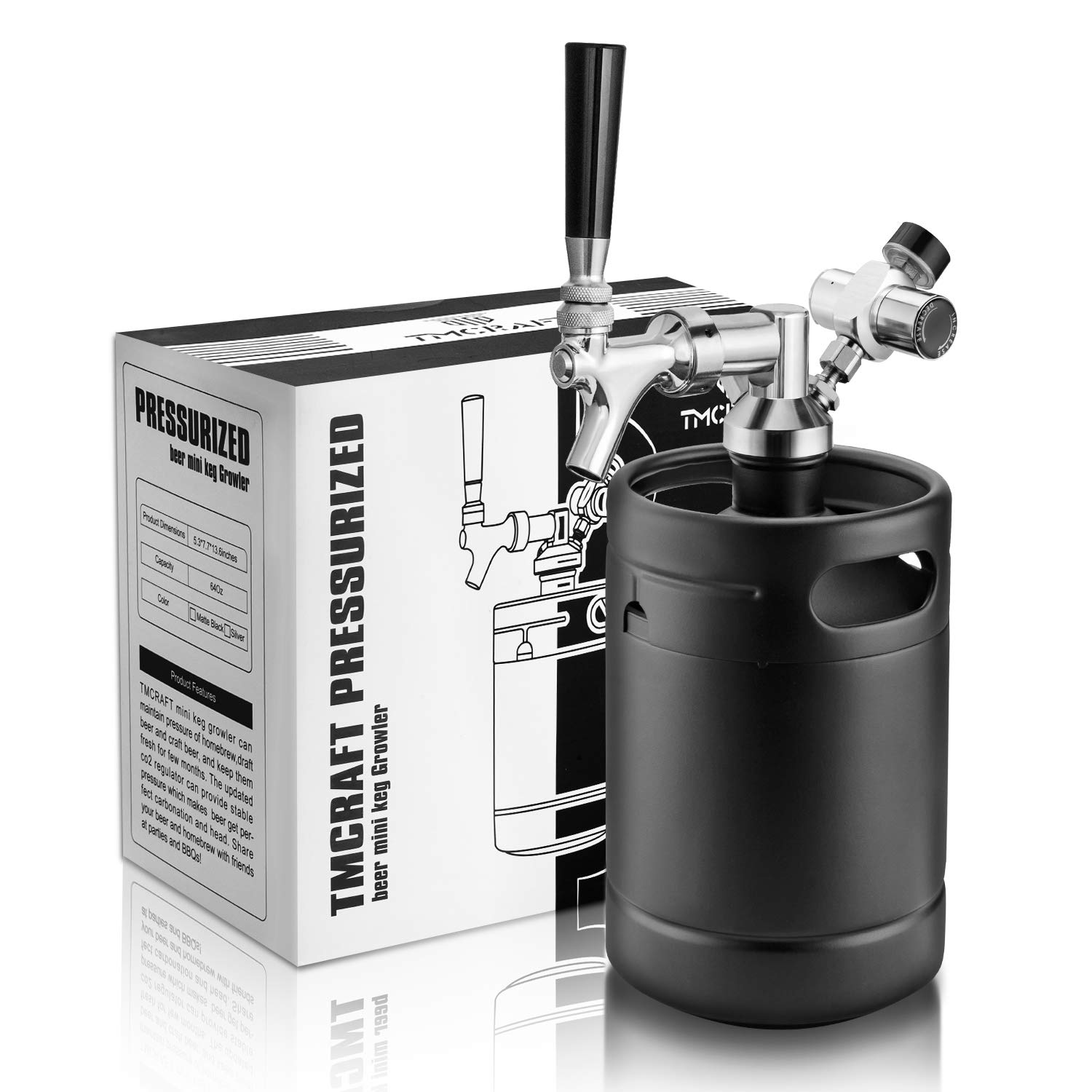 TMCRAFT 64oz Mini Keg Tap System, Stainless Steel Growler, Matte Black