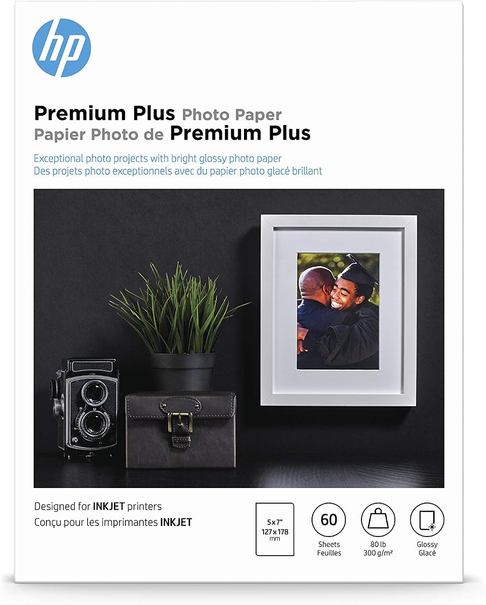Papel fotográfico HP Premium Plus, brillante, 5x7 pulgadas, 60 hojas (CR669A)
