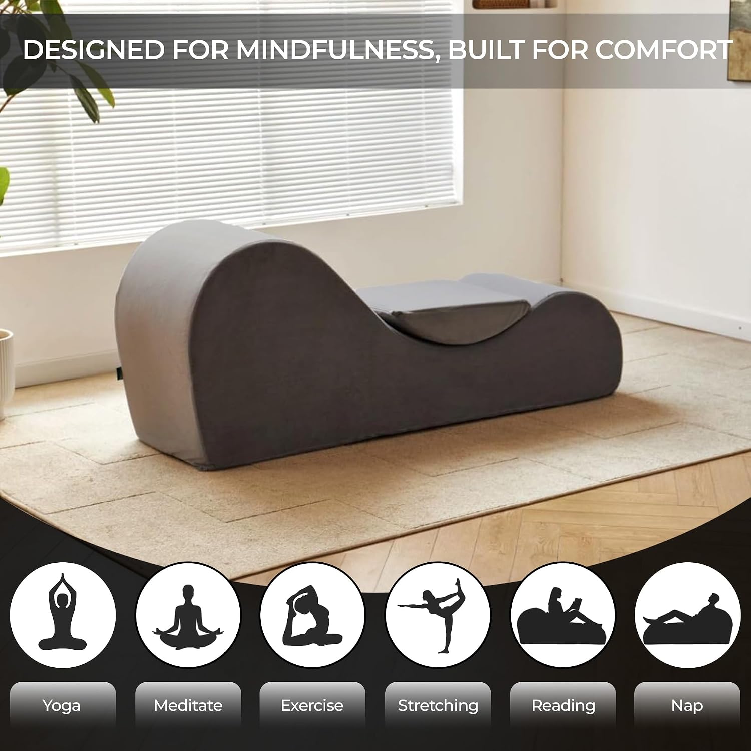 Container Furniture Direct Solace Yoga Chaise Lounge Chair for Stretching, Relaxation & Exercise, Ergonomic Design with Soft Yet Firm High-Density Foam Core, Removable Machine-Washable Cover, Grey