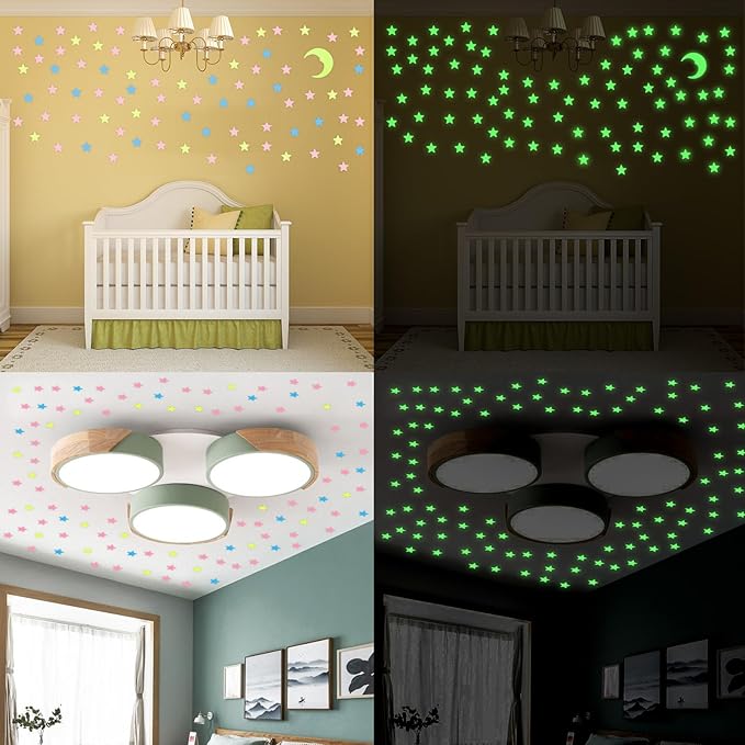 Estrellas que brillan en la oscuridad para techo, 200 piezas 3D luminosas pegatinas de pared luna y estrellas miniatura 5