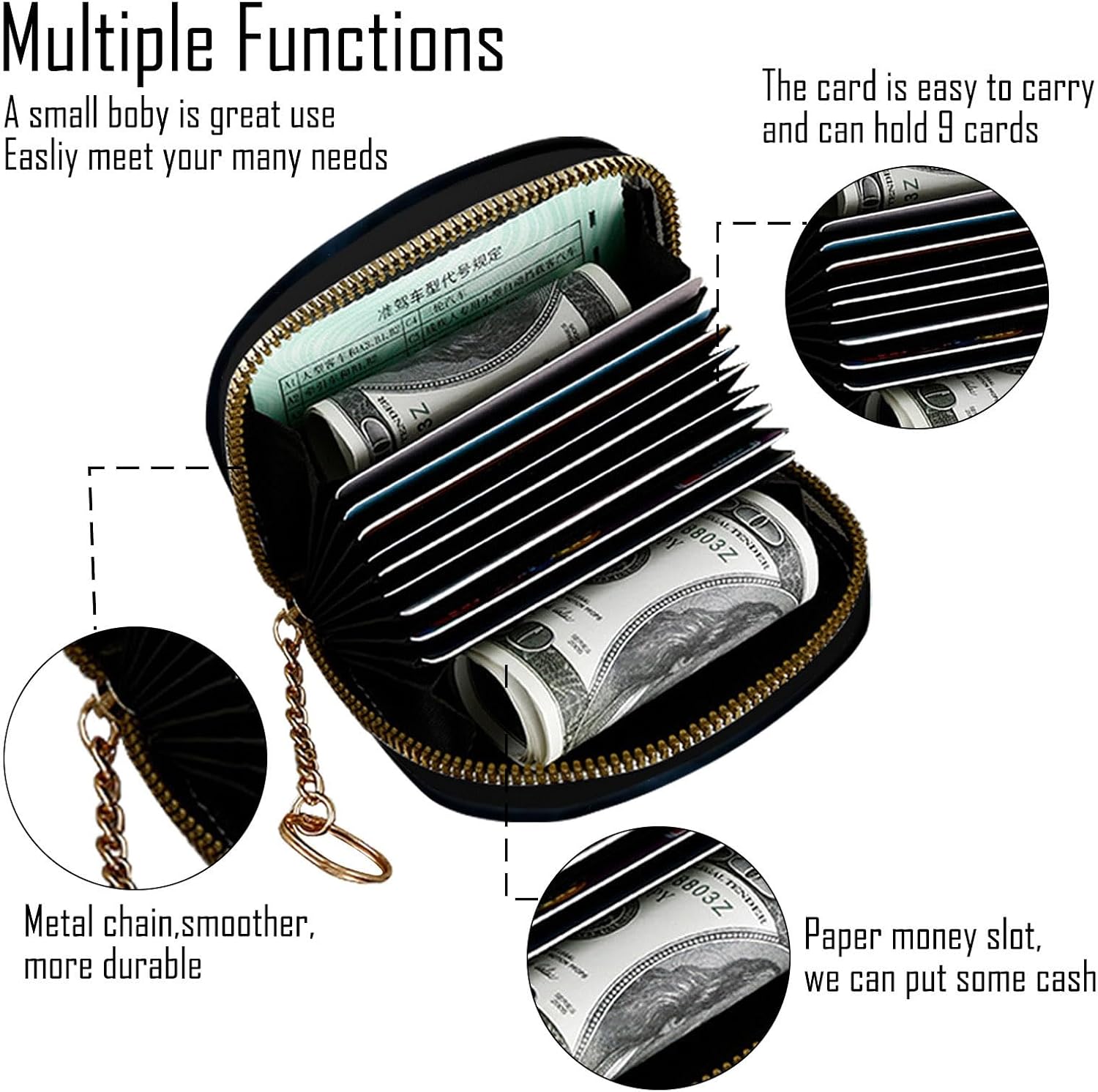 RFID Blocking Credit Card Holder Wallet for Women Men, Zipper Card Case with Keychain, Compact Small Wallet for Cards Cash ID,Fashion Cool Dragon image 3