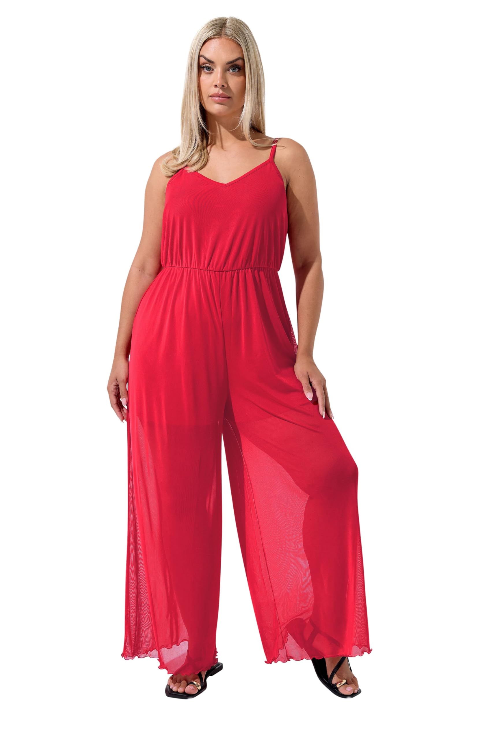 Yours Women's Wide Leg Mesh Jumpsuit in Red | Size: 26-28