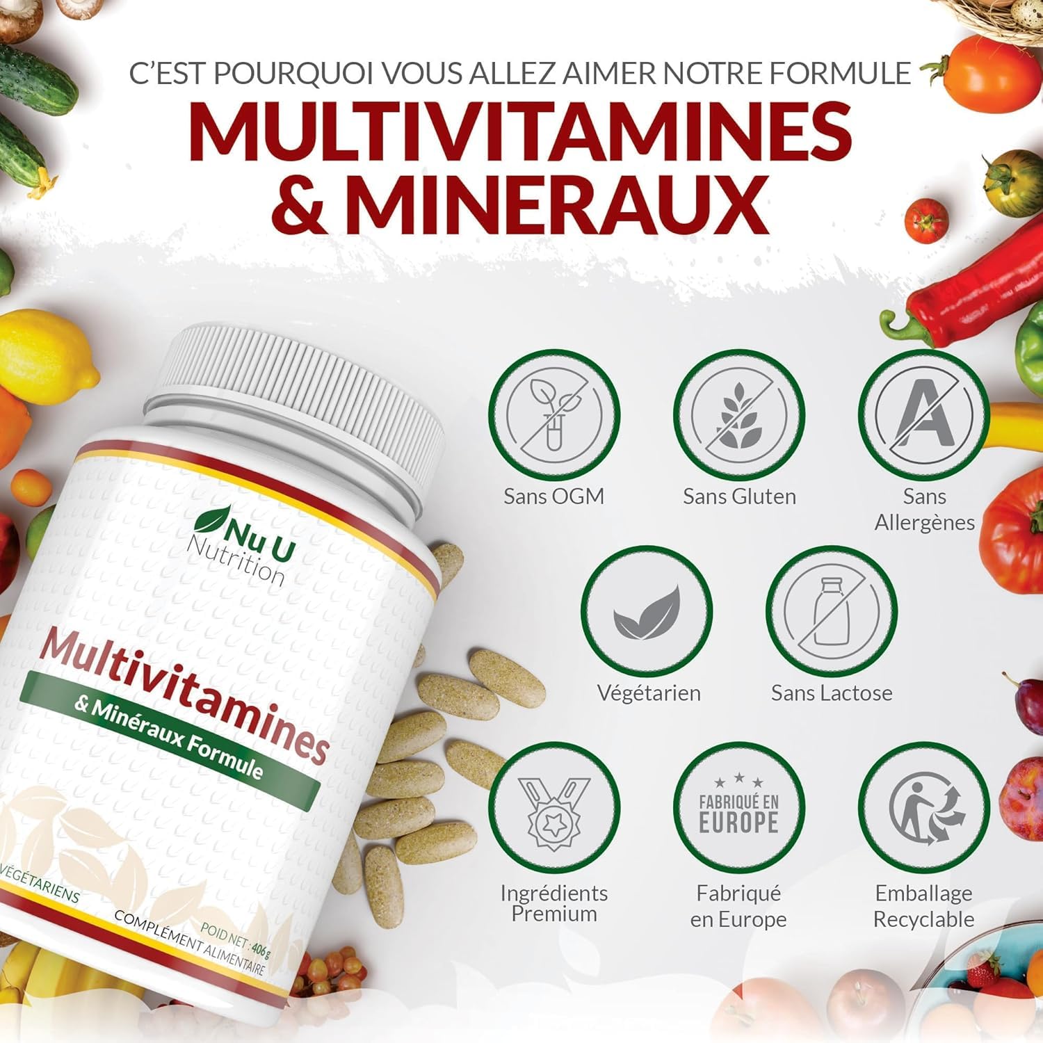 Multivitamines et Minéraux - 365 Comprimés (12 Mois) - 25 Nutriments dont Vit A B C D Fer Zinc Magnesium - Complément Alimentaire Homme et Femme - Vitamines, Minéraux et Compléments - Nu U Nutrition