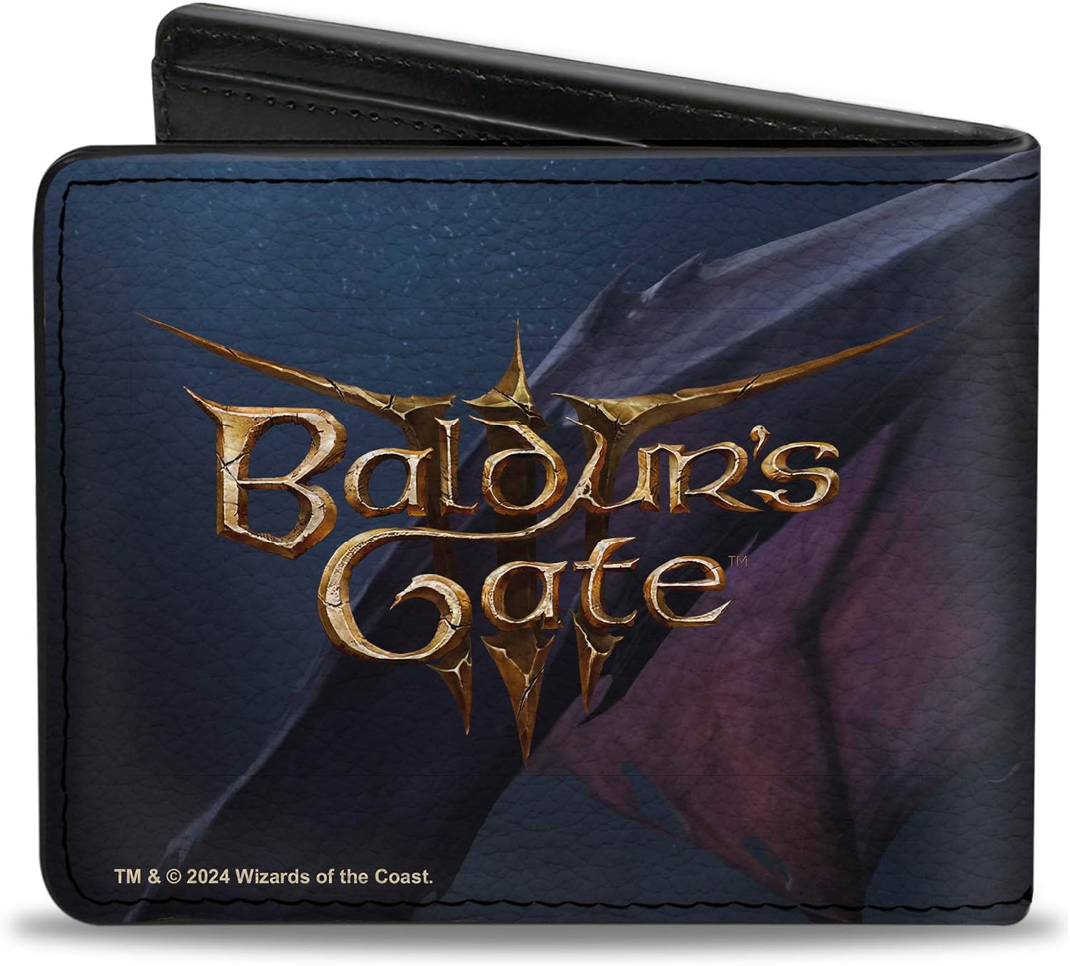 Buckle-Down Baldur's Gate III Wallet, Bifold, Baldurs Gate III Wyll and Mizora Flame Pose Scene and Logo, Vegan Leather