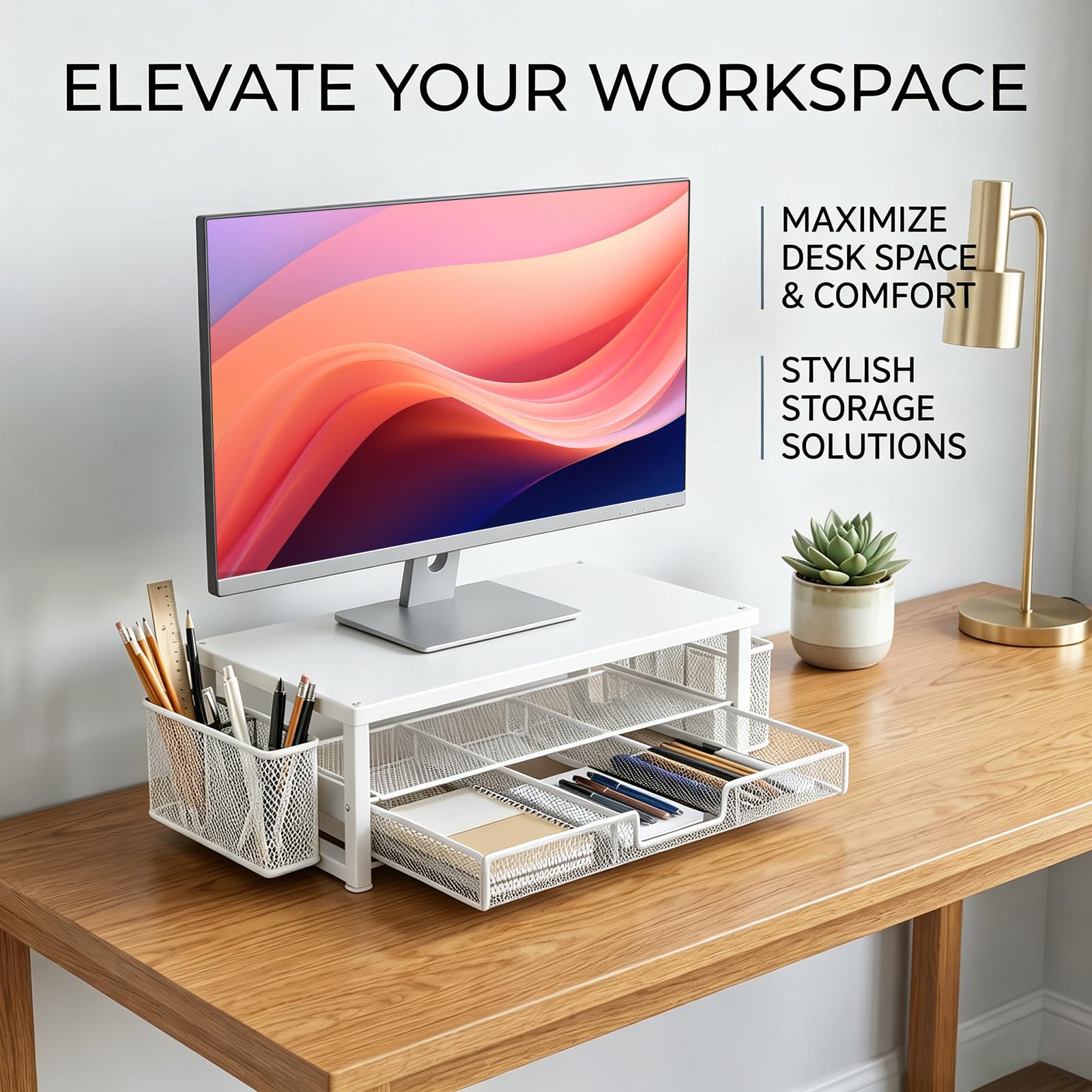 FARYODI Supporto da scrivania per monitor con 2 portapenne, cassetto, organizer da scrivania, supporto ergonomico da tavolo per monitor e computer portatile (bianco)