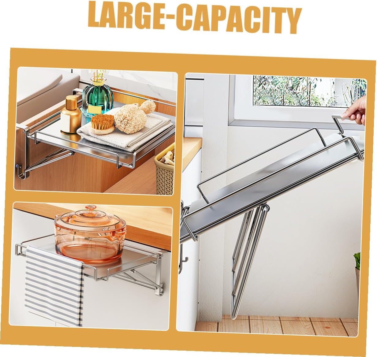 Foldable Stainless Steel Hanging Kitchen Shelf Over Door Organizer Multi-Function Storage Rack Space Saver with Strong Load-Bearing and No Wall Damage for Cabinet Pantry