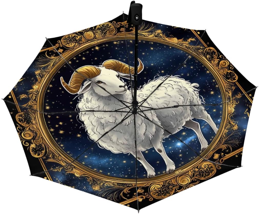 Constellation Aries Space Folding Umbrella Windproof Compact Lightweight Travel Umbrella with 8 Reinforced Ribs, Portable UV Sun & Rain Protection for Men & Women