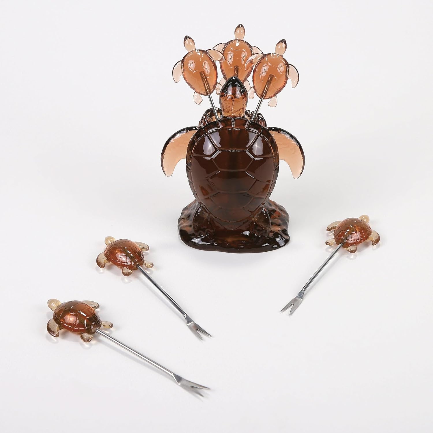 7 PCS Sea Turtle Cocktail Picks Set with Holder, Reusable Appetizer Forks for Cheese, Fruit, Snacks, Party or Bar Use, Polyresin Holder and 6 Pack Stainless Steel Picks