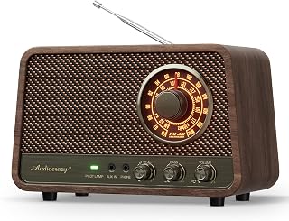 Audiocrazy Vintage Wooden AM FM Bluetooth Radio - 10W Powerful Retro Speaker with Bass Control, Glowing Dial, AUX & Headphone Jack