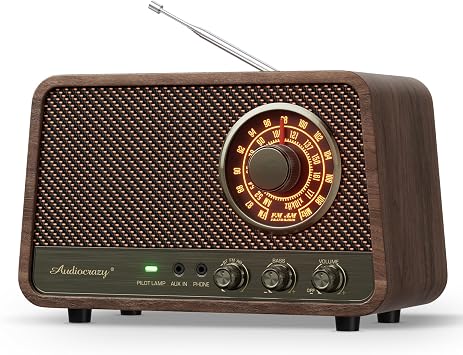 Vintage Wooden AM FM Bluetooth Radio with 10 Watts Powerful Sound, Retro Bluetooth Speaker Radio with Softly Glowing Dial, Bass Control, Aux Input, Headphone Jack, for Home, Office, Kitchen