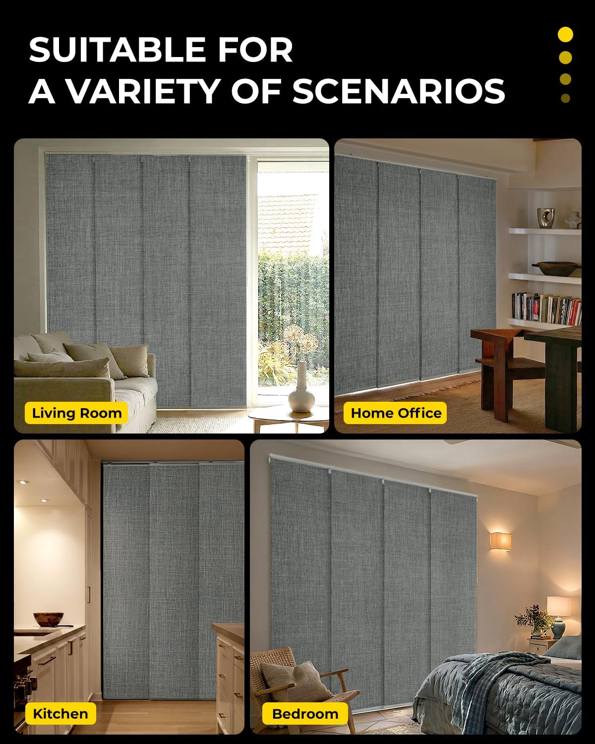 Panel Track Blinds Replacement Panels, 4 Pack 23" W x 96" H, Hook-and-Loop Attachment, Room Darkening Sliding Fabric Panels, Trim to Height for Patio Door & Room Divider