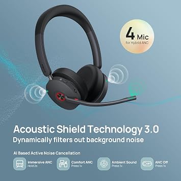 Yealink WH68 Hybrid ANC DECT& Bluetooth Wireless Headset with Mic, Office Headset with DECT Dongle, 4x Active Noise Cancellation Mic, 492ft Range, 32H Talk Time, Portable On Ear Headsets for Work PC