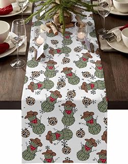 Table Runner Linen Dresser Scarves 13x70in,Western Cowboy Cactus Cow Pattern Ball Washable Burlap Table Runners Tabletop Scarf for Holiday Party Dining Tables Decor,Christmas Snowflake