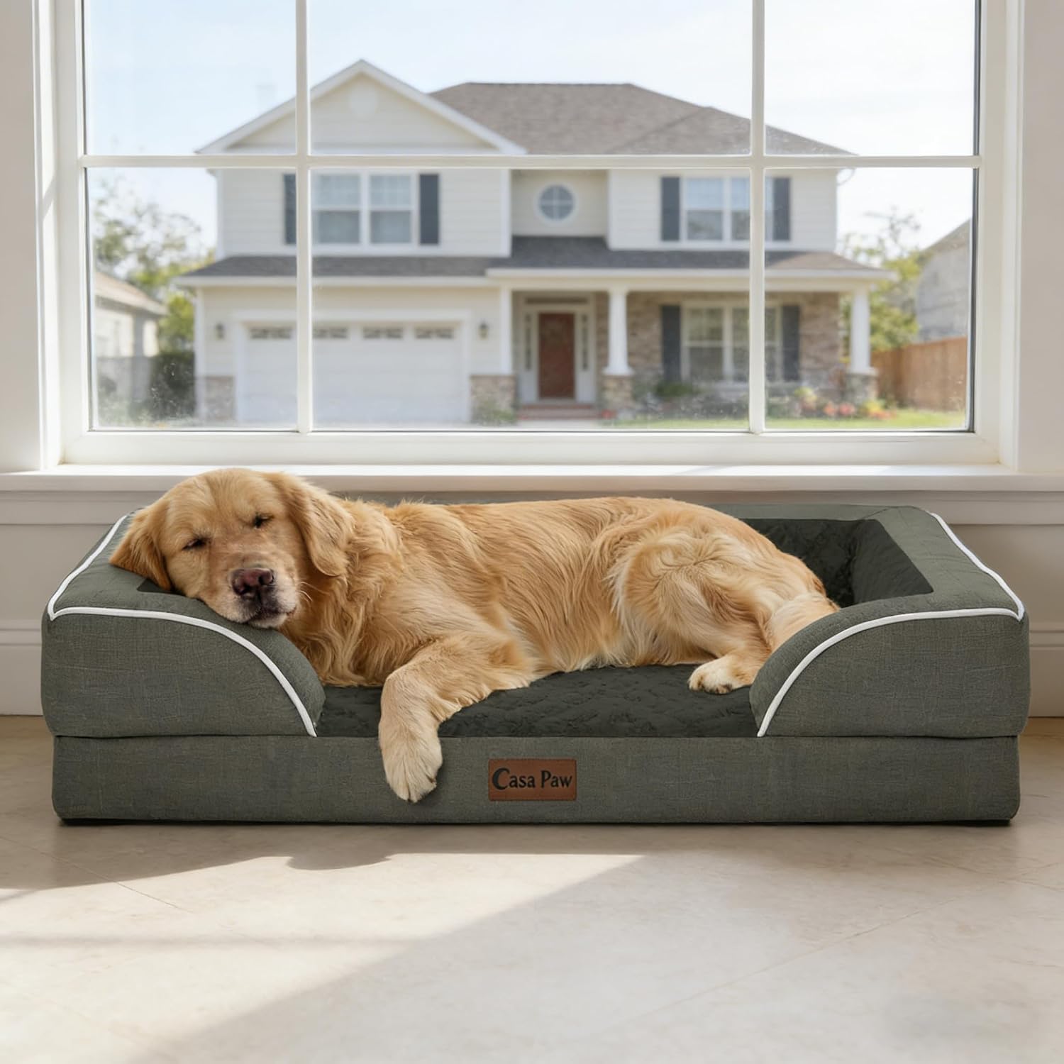 Orthopedic Dog Beds for Extra Large Sized Dogs, Waterproof Memory Foam XL Pet Bed with Sides 48x30Inch, Non-Slip and Egg-Crate Foam Big Dog Couch Bed with Removable Washable Cover, Dark Green